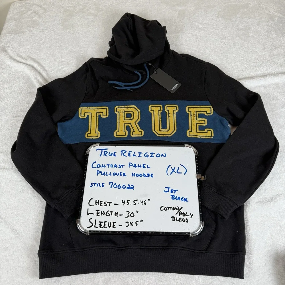 True Religion Contrast Panel Pullover Hoodie Men's XL Jet Black‎ Long Sleeve New